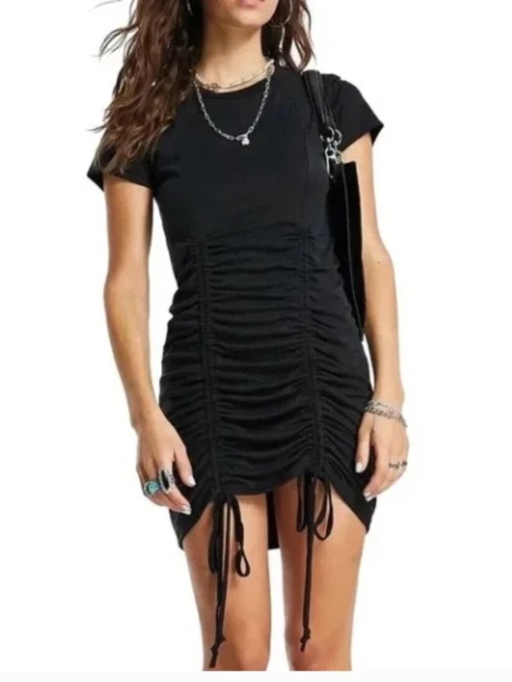 Topshop Charcoal Ribbed Knit Ruched Jersey Dress Size 12